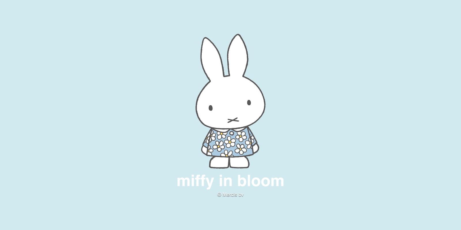 miffy in a blue floral dress against a light blue background with the words miffy in bloom