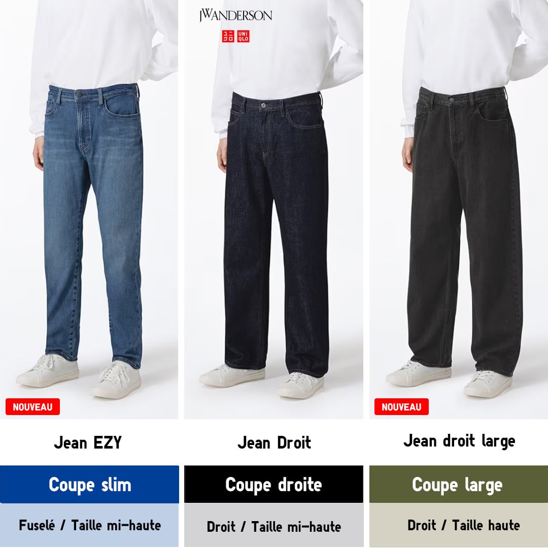 Les mannequins portent les jeans EZY, Droit et Large Droit. Ils sont côte à côte pour que l'on voit la différence de coupe. Coupe slim : fuselé / taille mi-haute. Coupe droite : droit / taille mi-haute. Coupe large : droit / taille haute