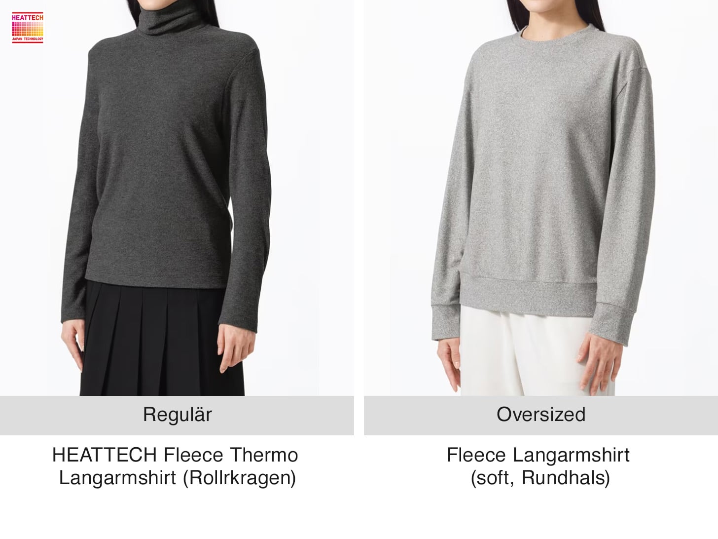 Models tragen Langarmshirts in Dunkelgrau mit Rollkragen und in Hellgrau.