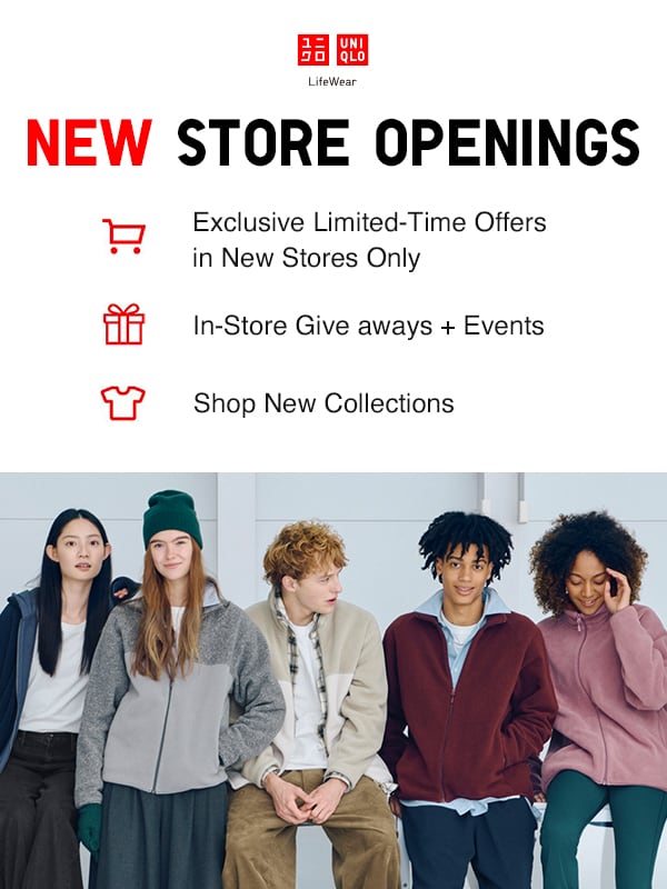 new store openings banner showing two models wearing UNIQLO clothing