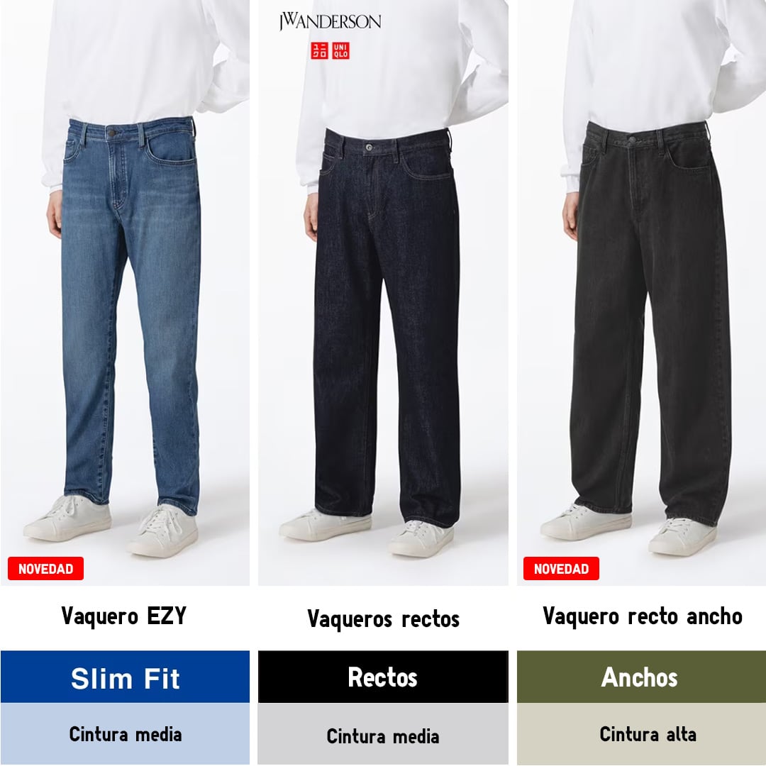 Modelos que llevan vaqueros EZY, vaqueros rectos y vaqueros rectos anchos, mostrados uno al lado del otro para comparar el ajuste.