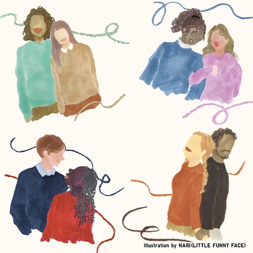 illustration of four couples wearing cashmere jumpers by NARI (LITTLE FUNNY FACE)