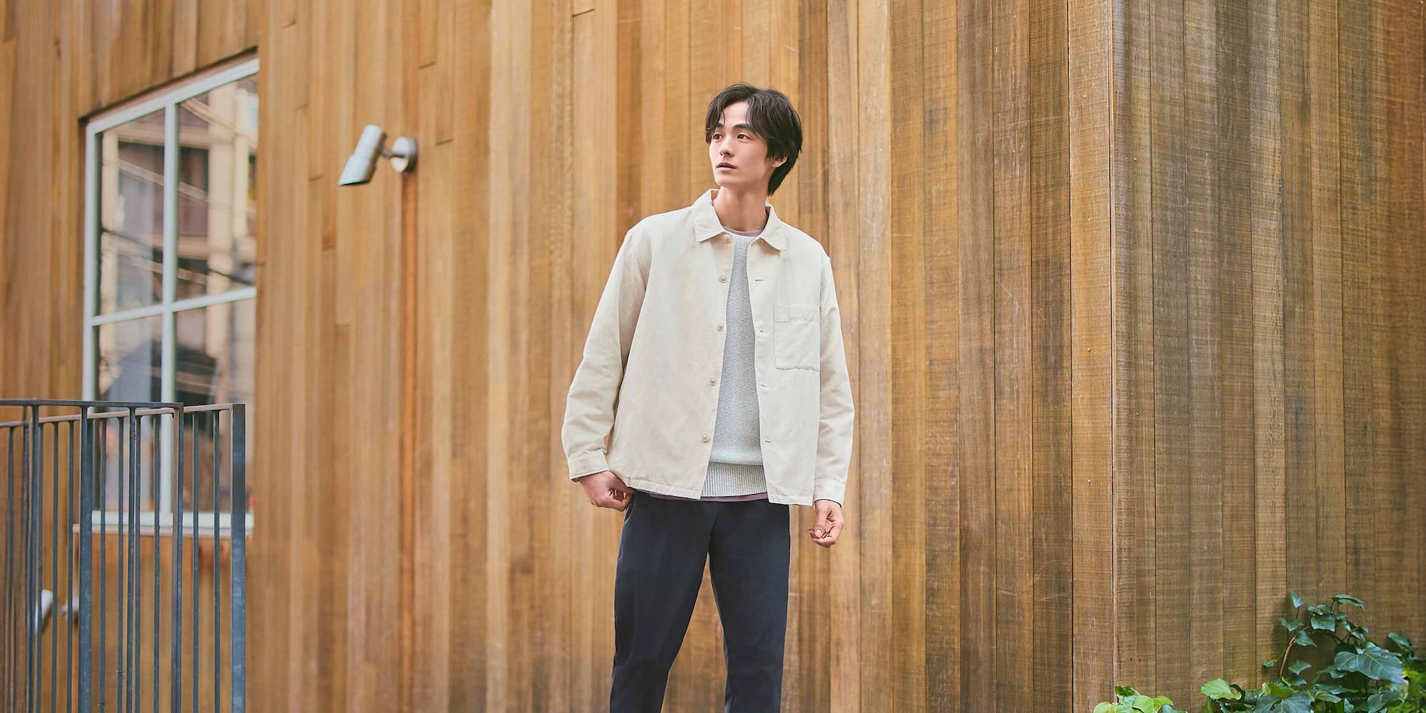 model wearing Cotton Linen Blend Shirt Jacket in natural over a jumper and trousers