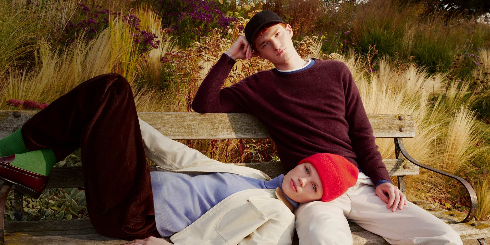 six models wearing UNIQLO Cashmere Crew Neck Jumpers in a range of green and blue shades