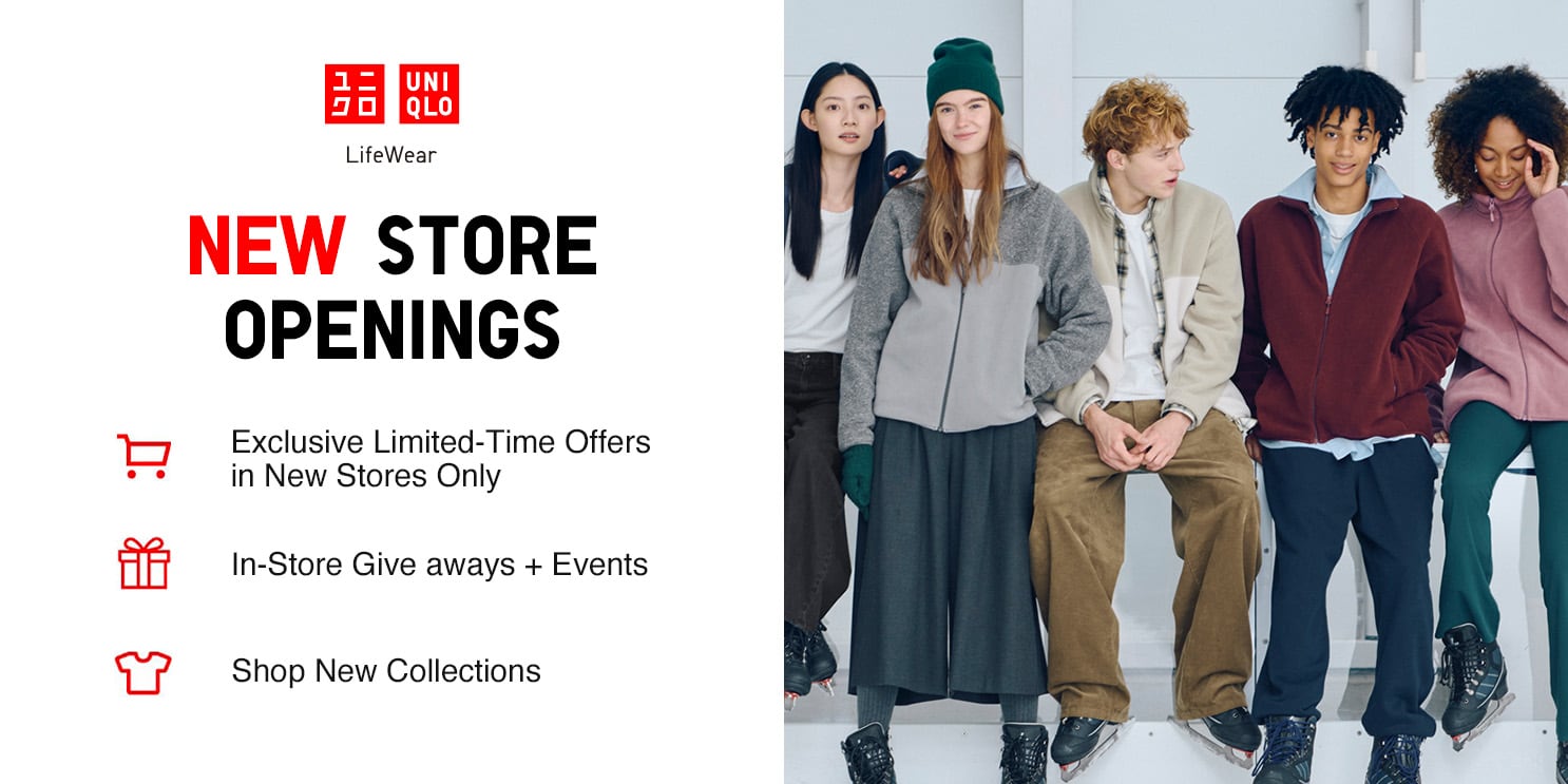 new store openings banner showing two models wearing UNIQLO clothing