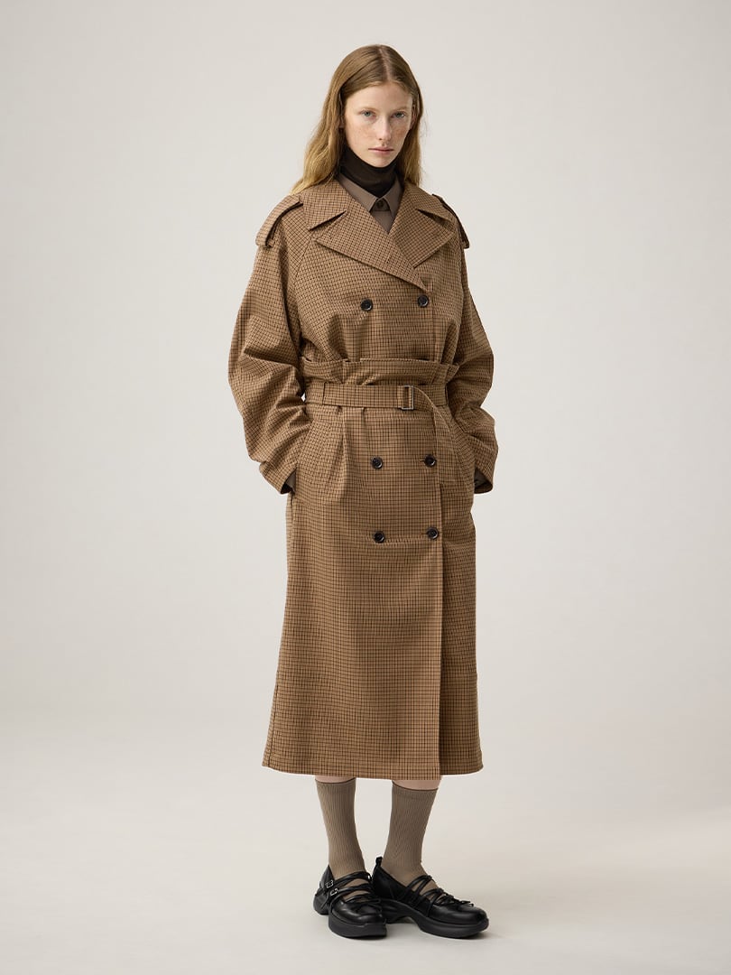 ショートトレンチチェックコート×トレンチチェックスカート