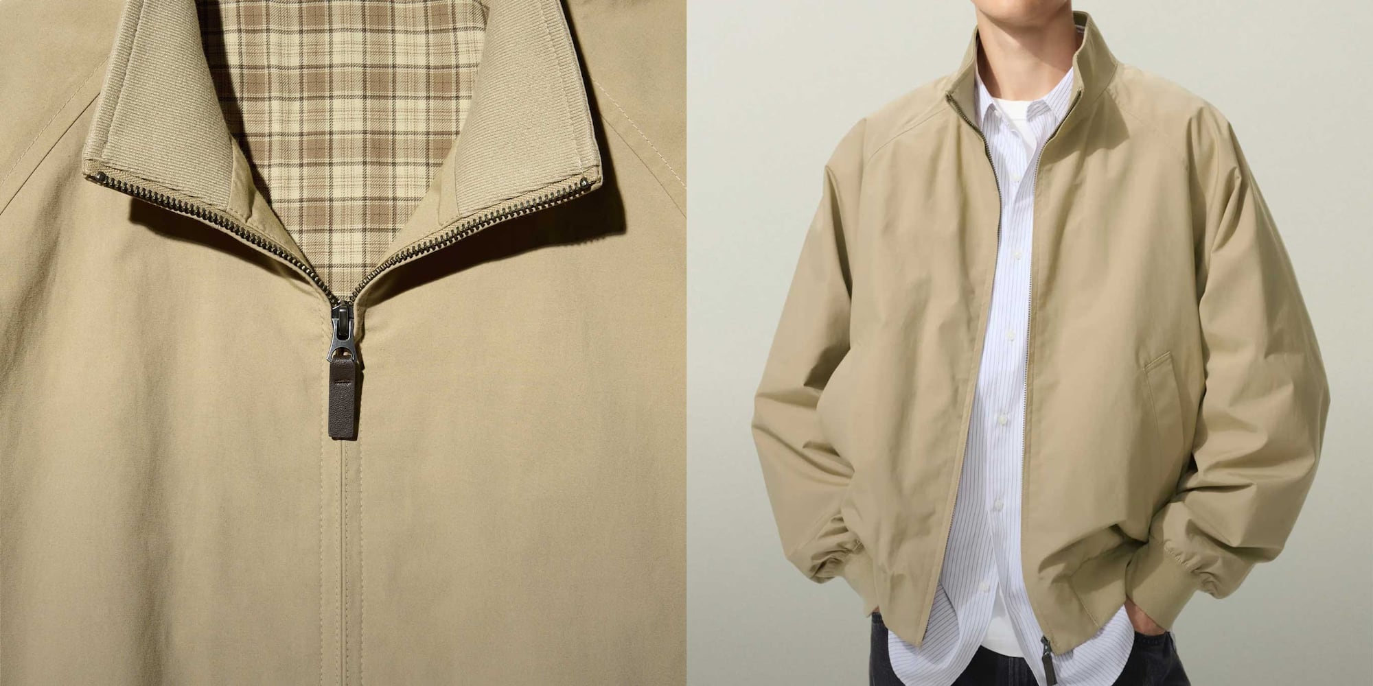 close-up of the harrington jacket, in beige
