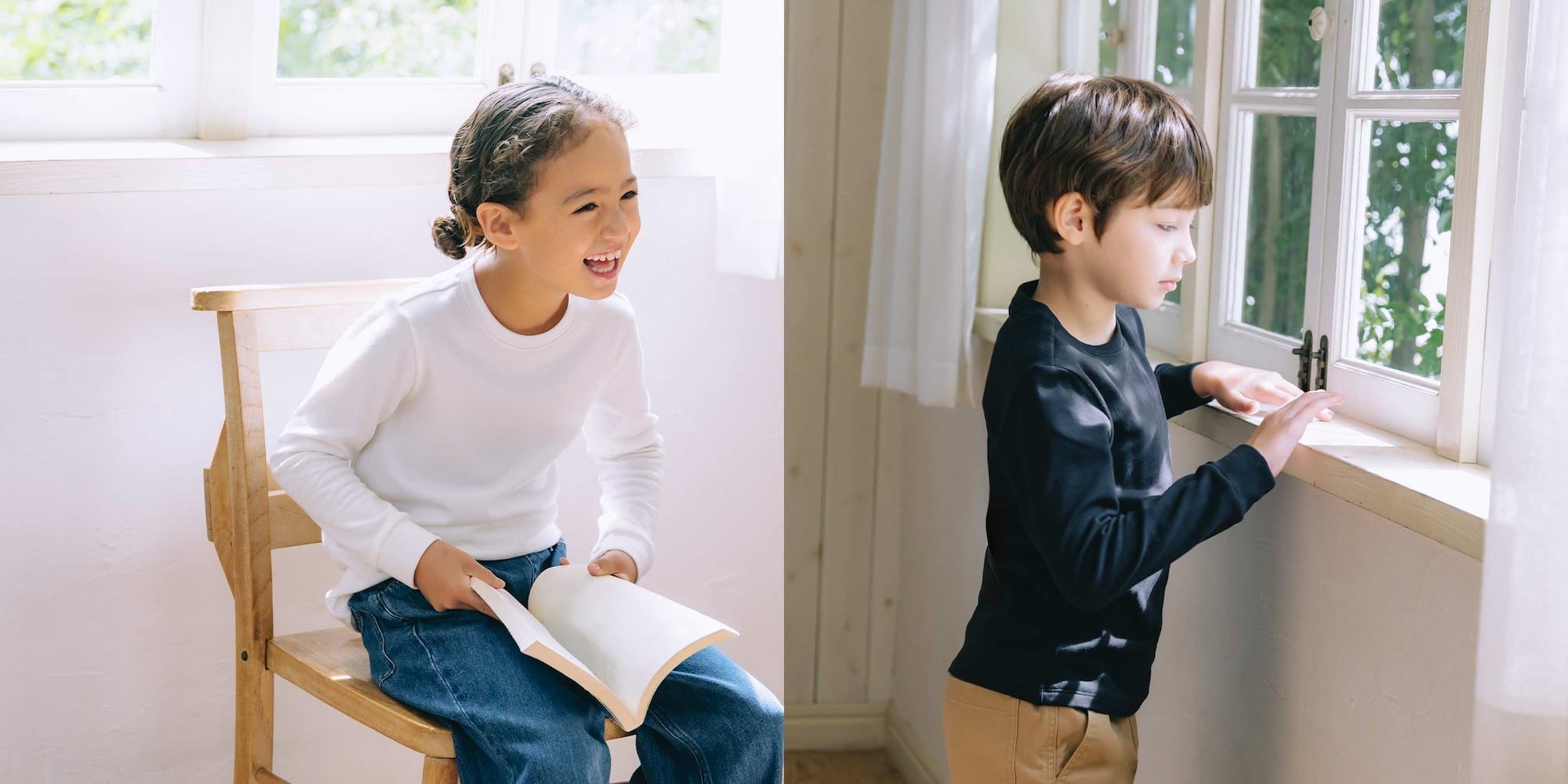 two models wearing HEATTECH Ultra Warm Crew Neck T-Shirts under quilted jackets