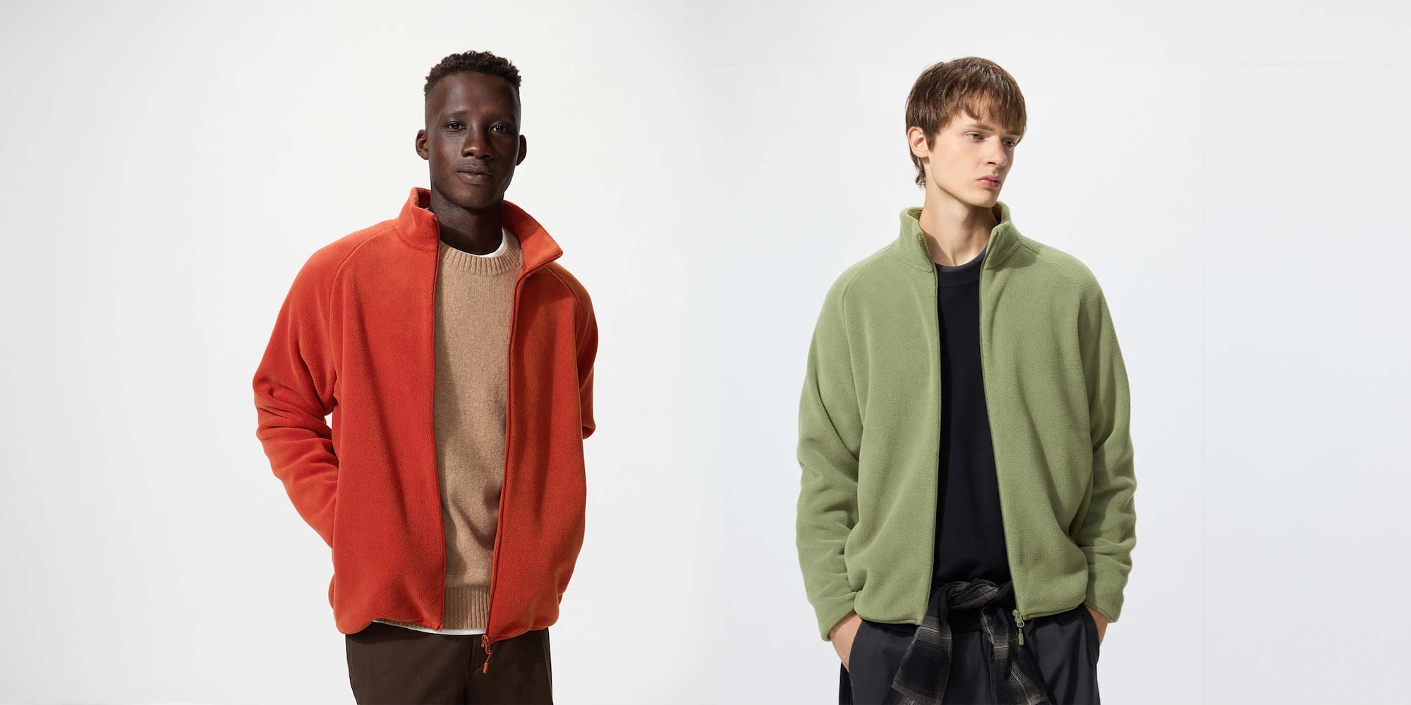 model wearing an orange sponge fleece jacket