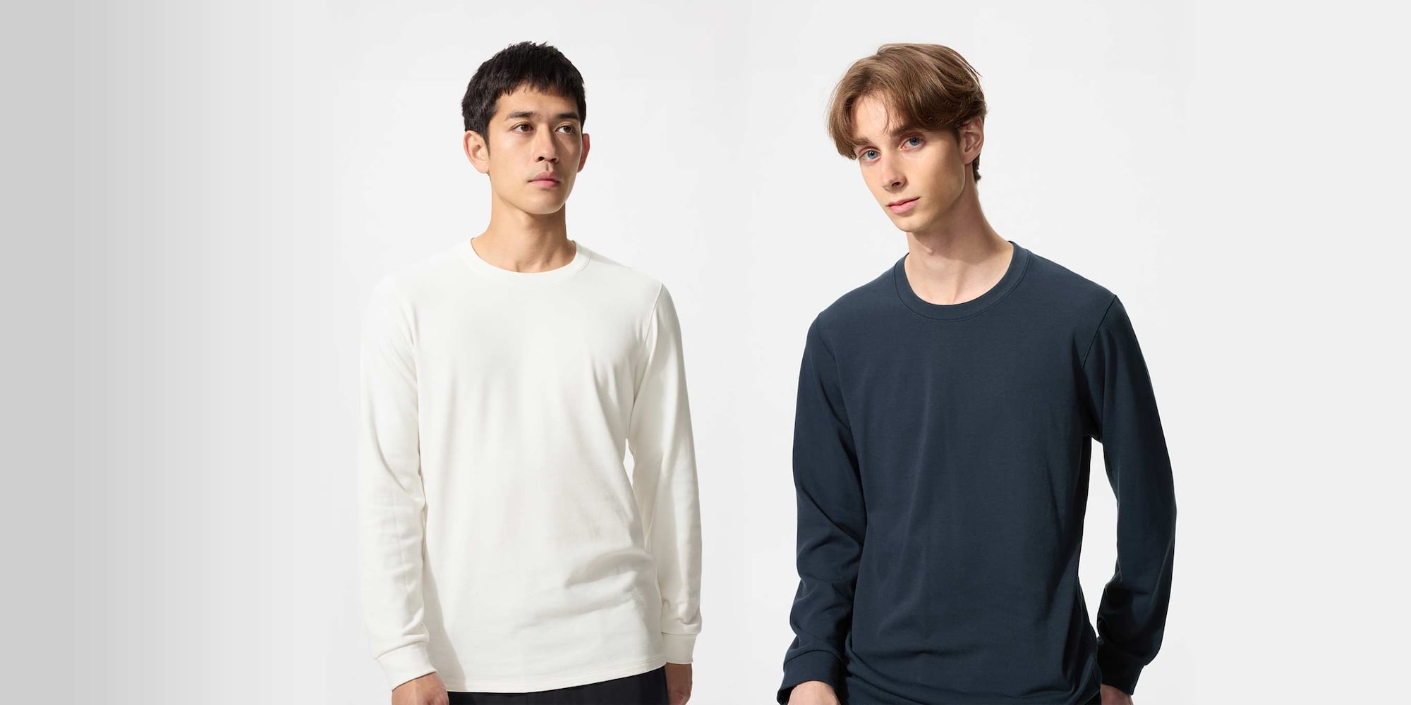 model wearing HEATTECH Extra Warm Cotton Crew Neck T-Shirt in off white