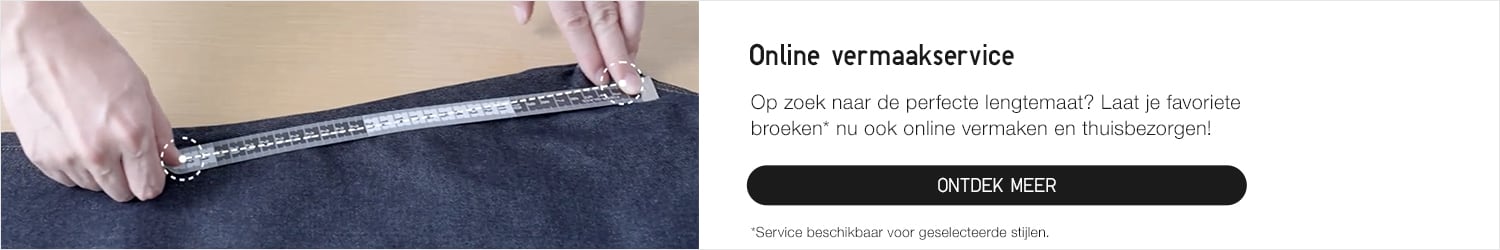 handen meten jeansstof met meetlint op links, tekstbox over online vermaakservice op rechts