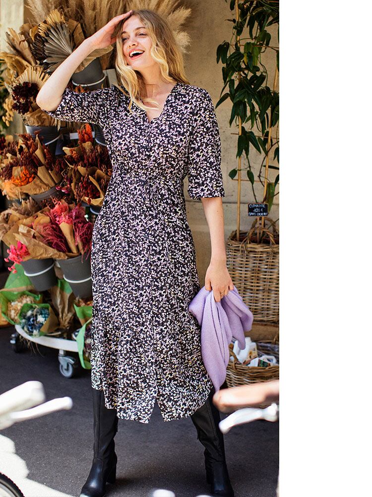 Printed V Neck Flare Dress