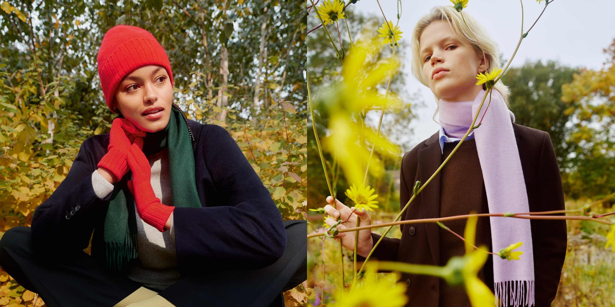 model wearing a red cashmere beanie with matching red cashmere gloves and a green cashmere scarf
