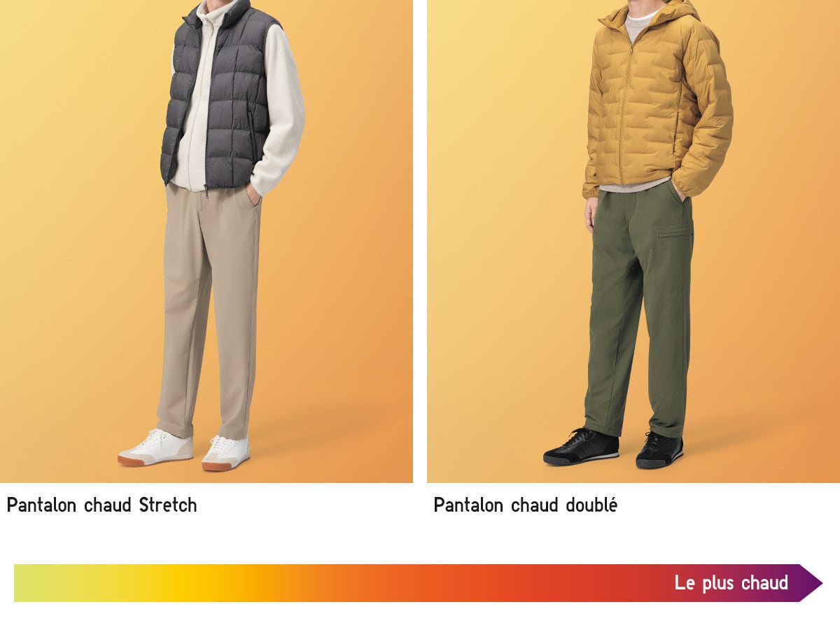 deux mannequins portent des pantalons chauds, rangés du moins au plus chaud