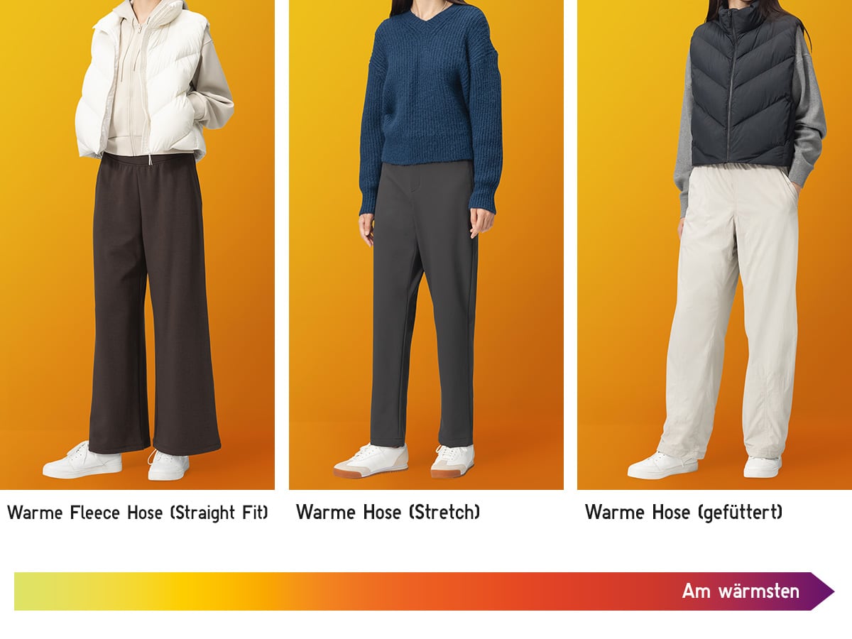 Drei Models tragen Hosen in Reihenfolge von warm bis am wärmsten. V.l.n.r.: Warme Fleece Hose (Straight Fit), Warme Hose (Stretch), Warme Hose (gefüttert).