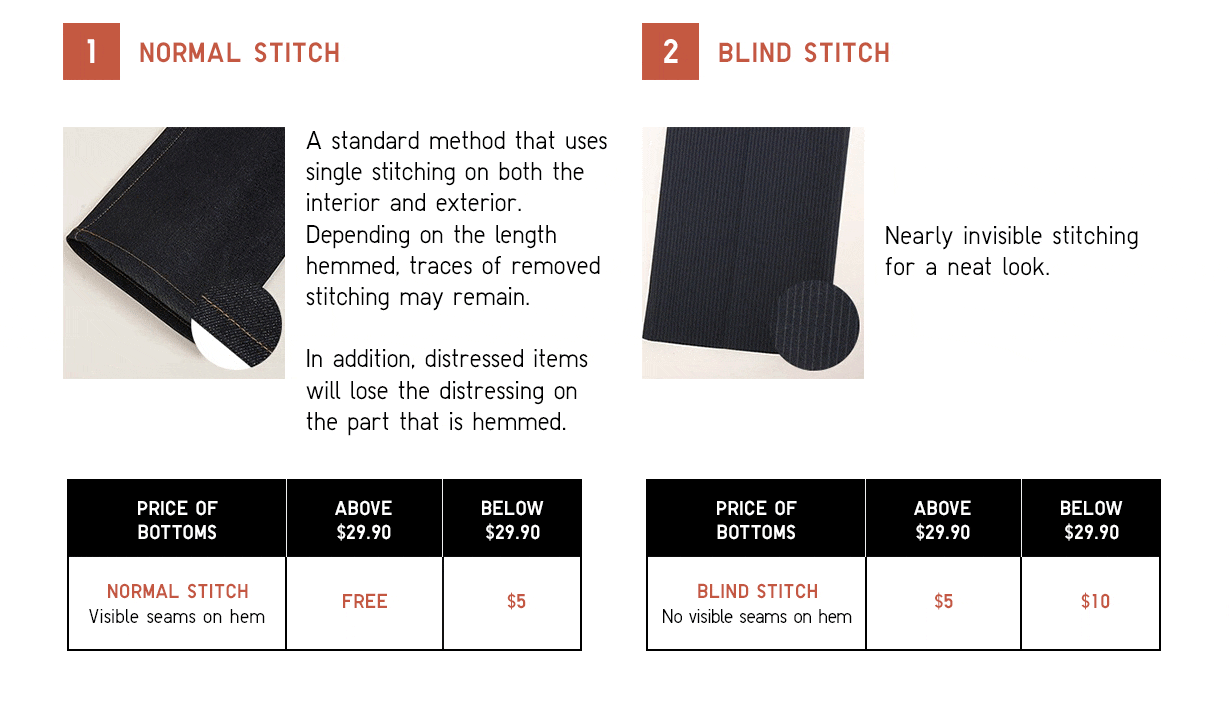 Choose from Normal or Blind Stitch as your preferred alteration together with your online purchase on full-length pants and jeans!