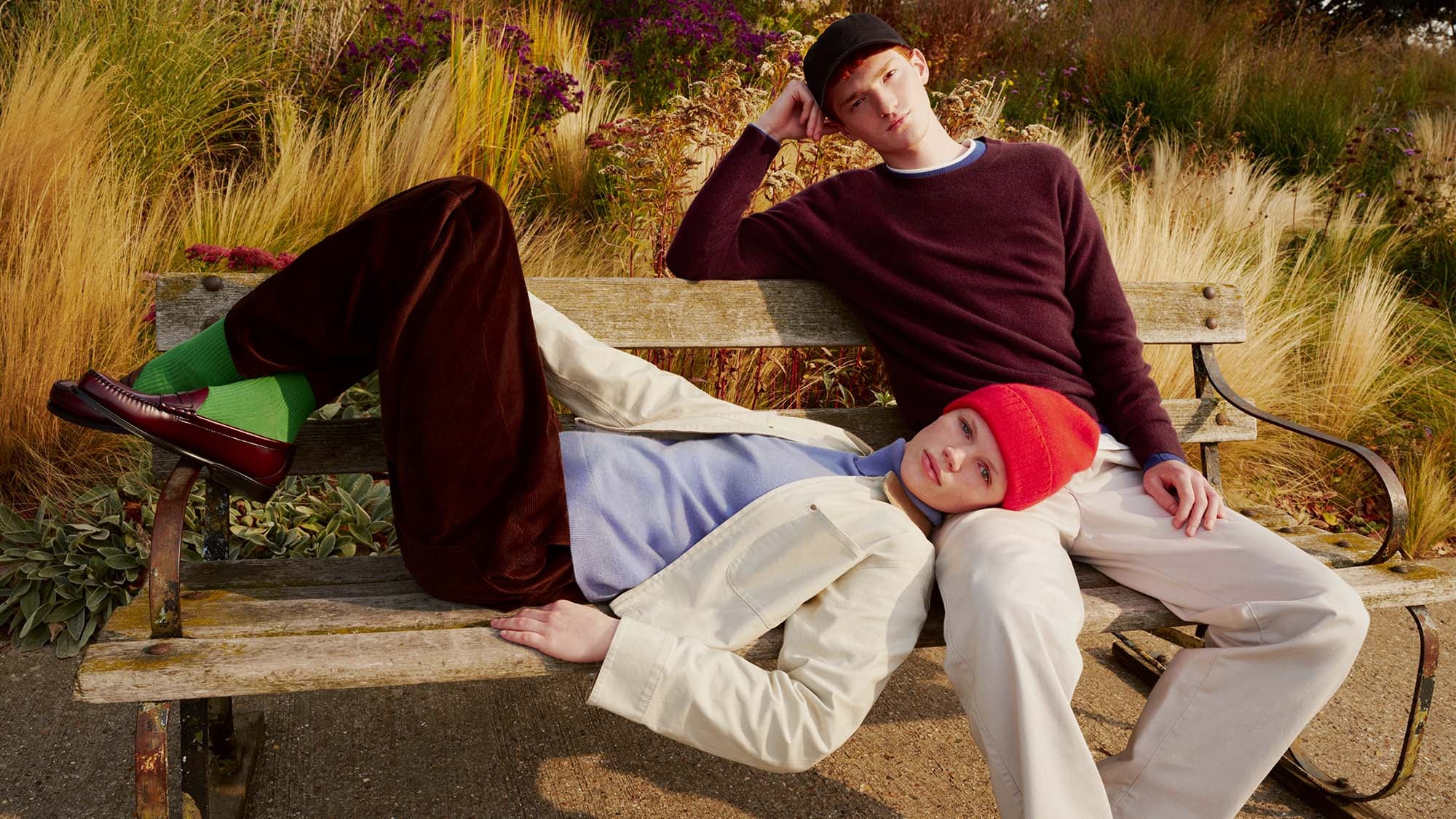 two models wearing UNIQLO cashmere jumpers, styled by Vogue