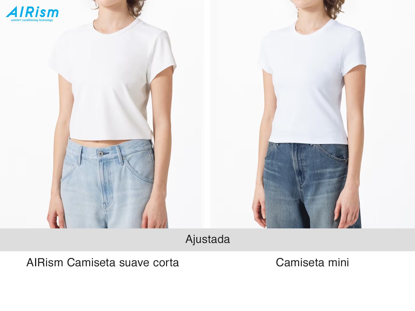 Dos modelos con una camiseta corta AIRism y una camiseta mini en color blanco.