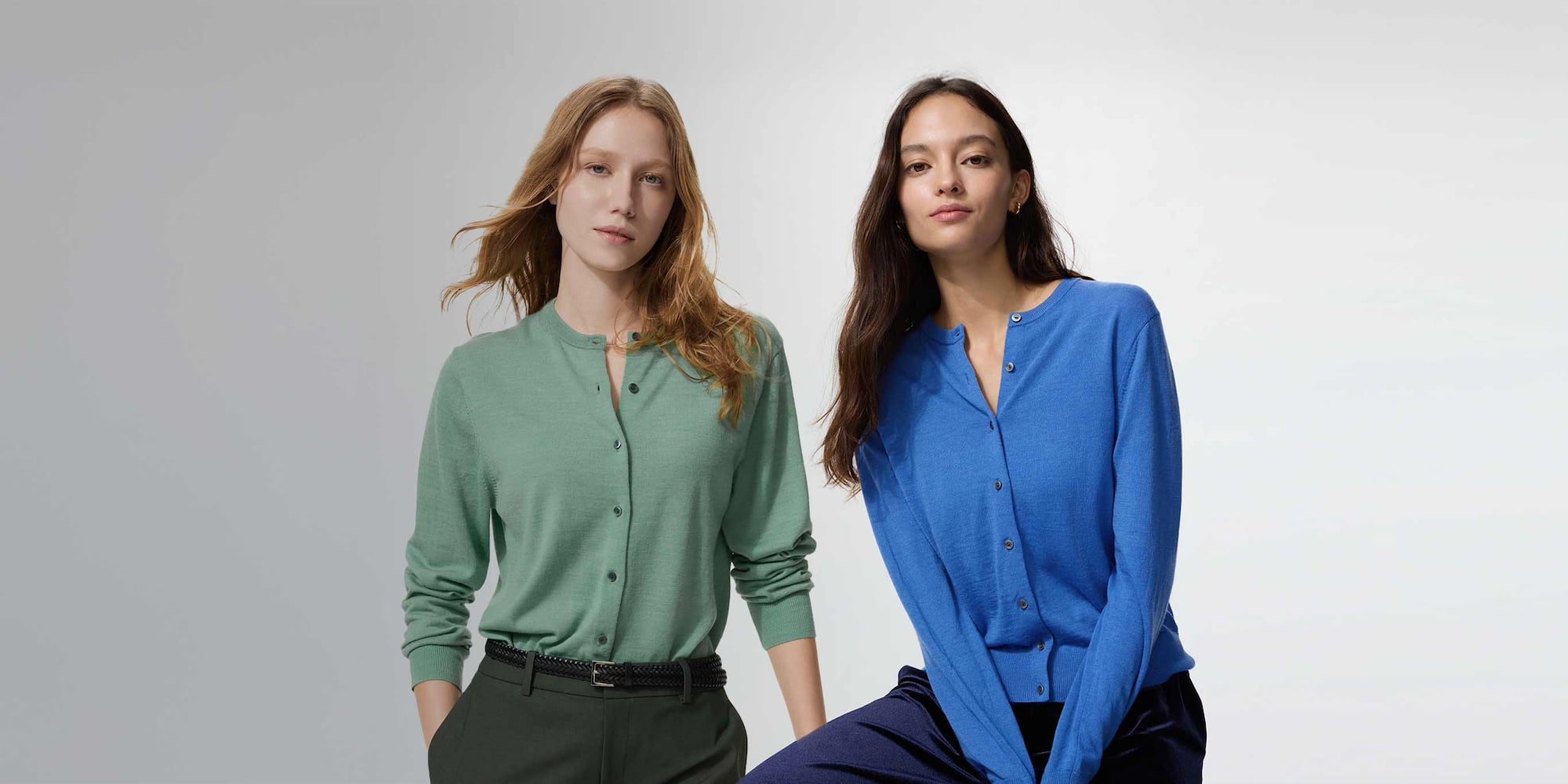 model wearing 100% Merino Crew Neck Cardigan in green