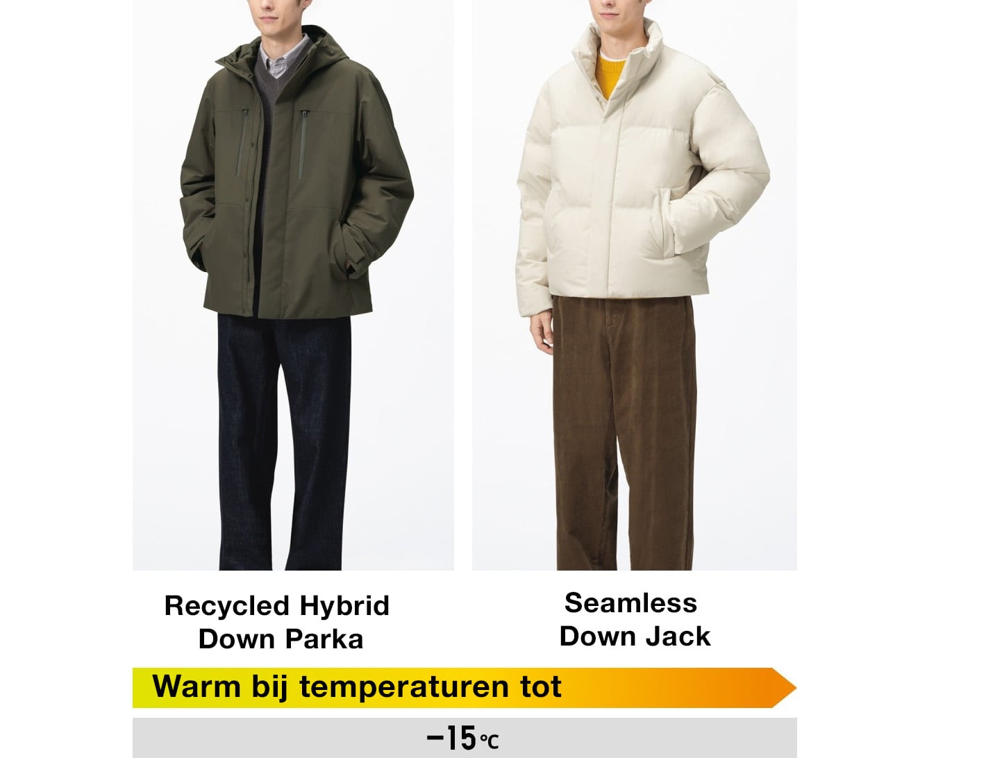 twee modellen die een Hybrid Down Recycled Parka en een Seamless Down Donsjas dragen en het temperatuurbereik waarvoor ze geschikt zijn: min 15 graden Celsius