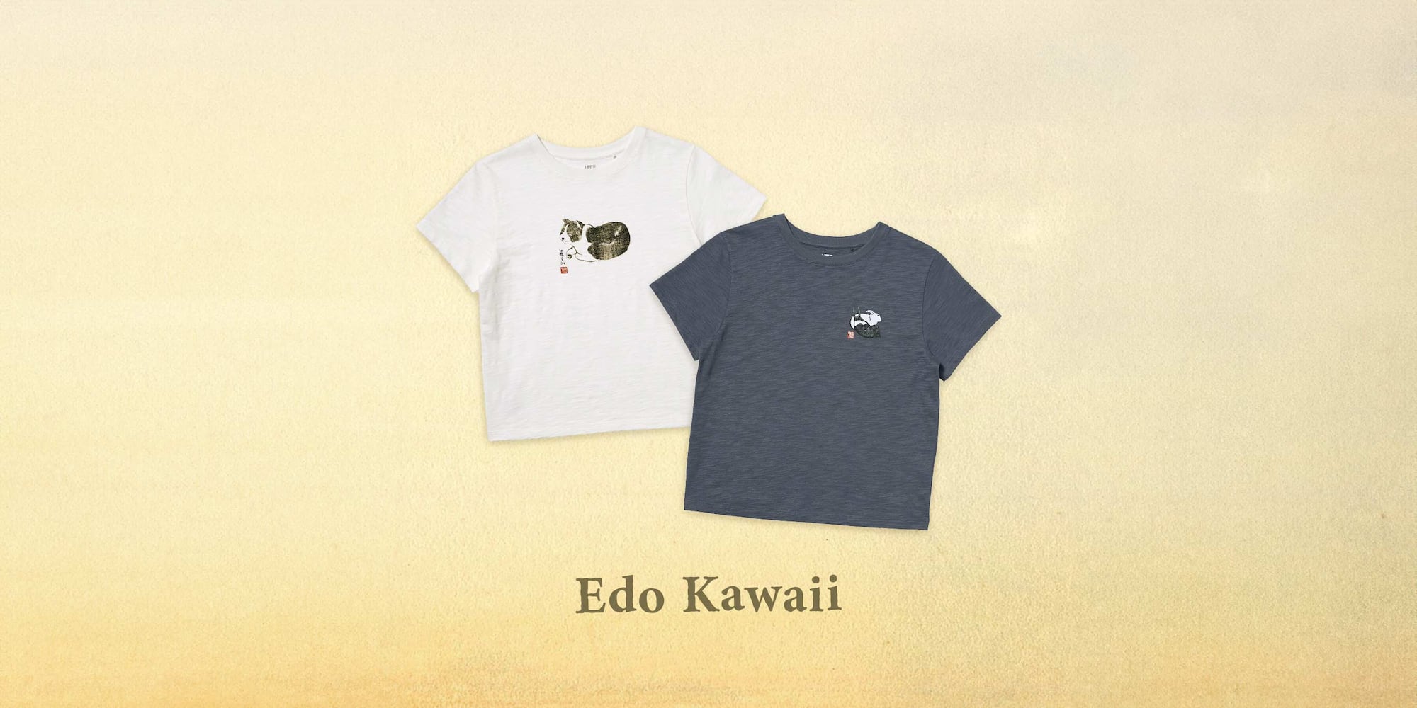 two WAGARA (Animals) UT Graphic T-Shirts, one white, one heathered dark grey, featuring printed and embroidered designs developed from woodblock prints of animals crafted by Edo-period artists