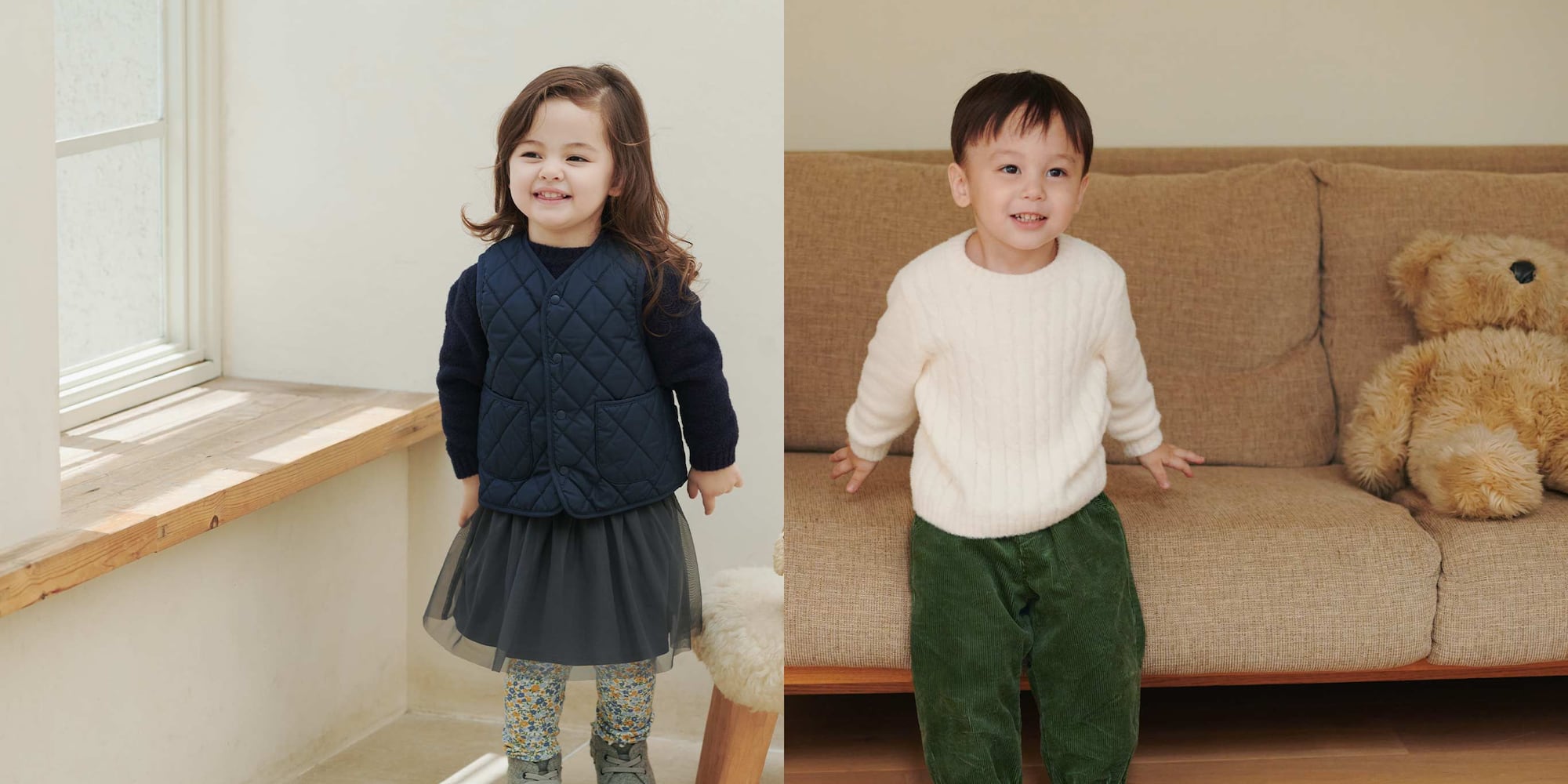 toddler wearing Soufflé Yarn Crew Neck Jumper in a pinky red colour and beige corduroy leggings