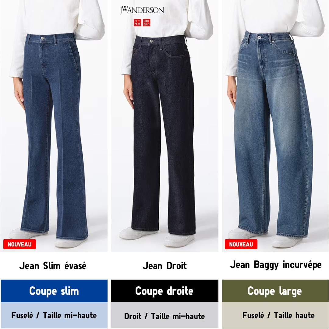 mannequins portant des jeans 7/8ème slim ultra-stretch, des jeans slim évasés, des jeans droits et des jeans baggy incurvé pour comparer les différentes coupes
