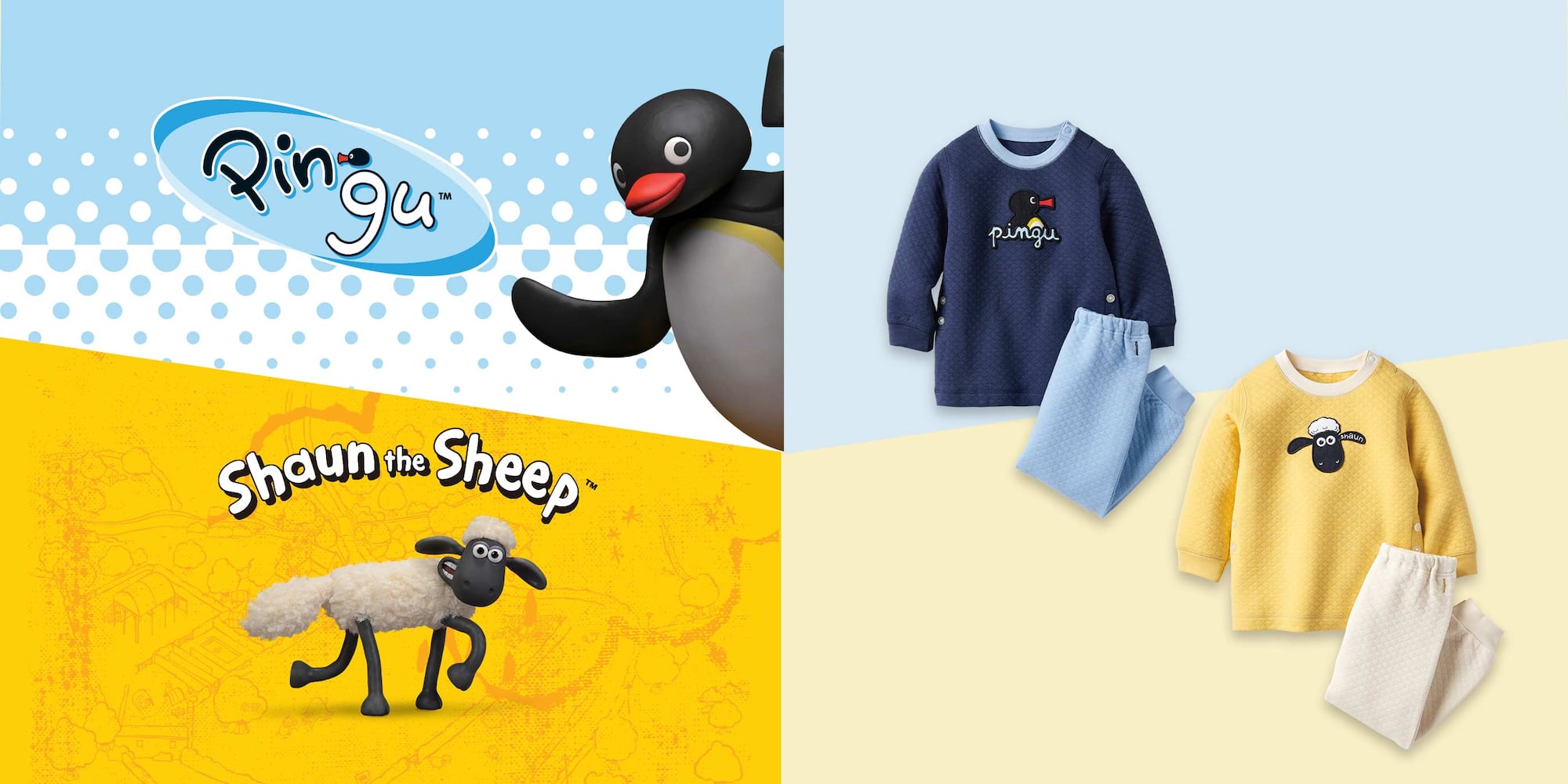 Quilted Pyjamas in yellow and blue featuring Pingu and Shaun the Sheep