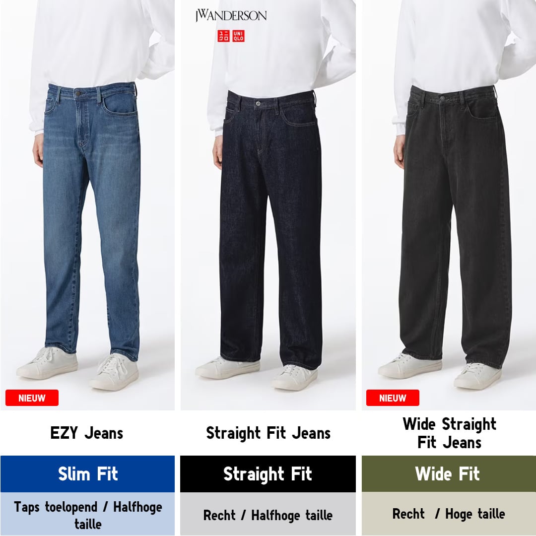 modellen die EZY Jeans, Straight Jeans en Wide Straight Jeans dragen, worden naast elkaar getoond om de pasvorm te vergelijken