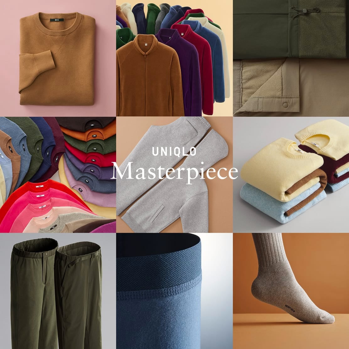 collage of uniqlo signature products overlaid with the words uniqlo masterpiece