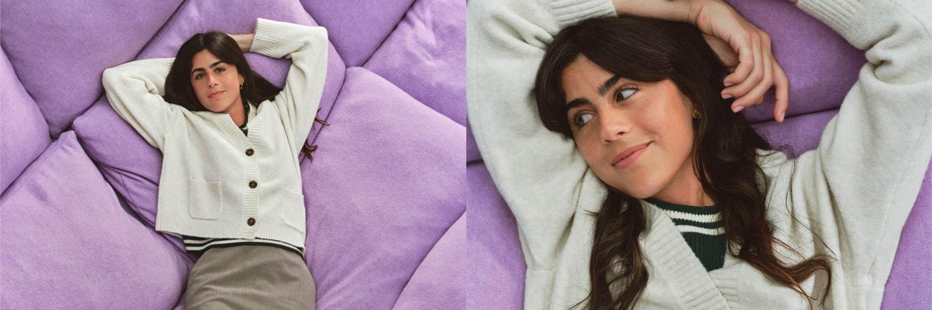 Woman wearing a white Souffle Yarn Cardigan laying on a purple background