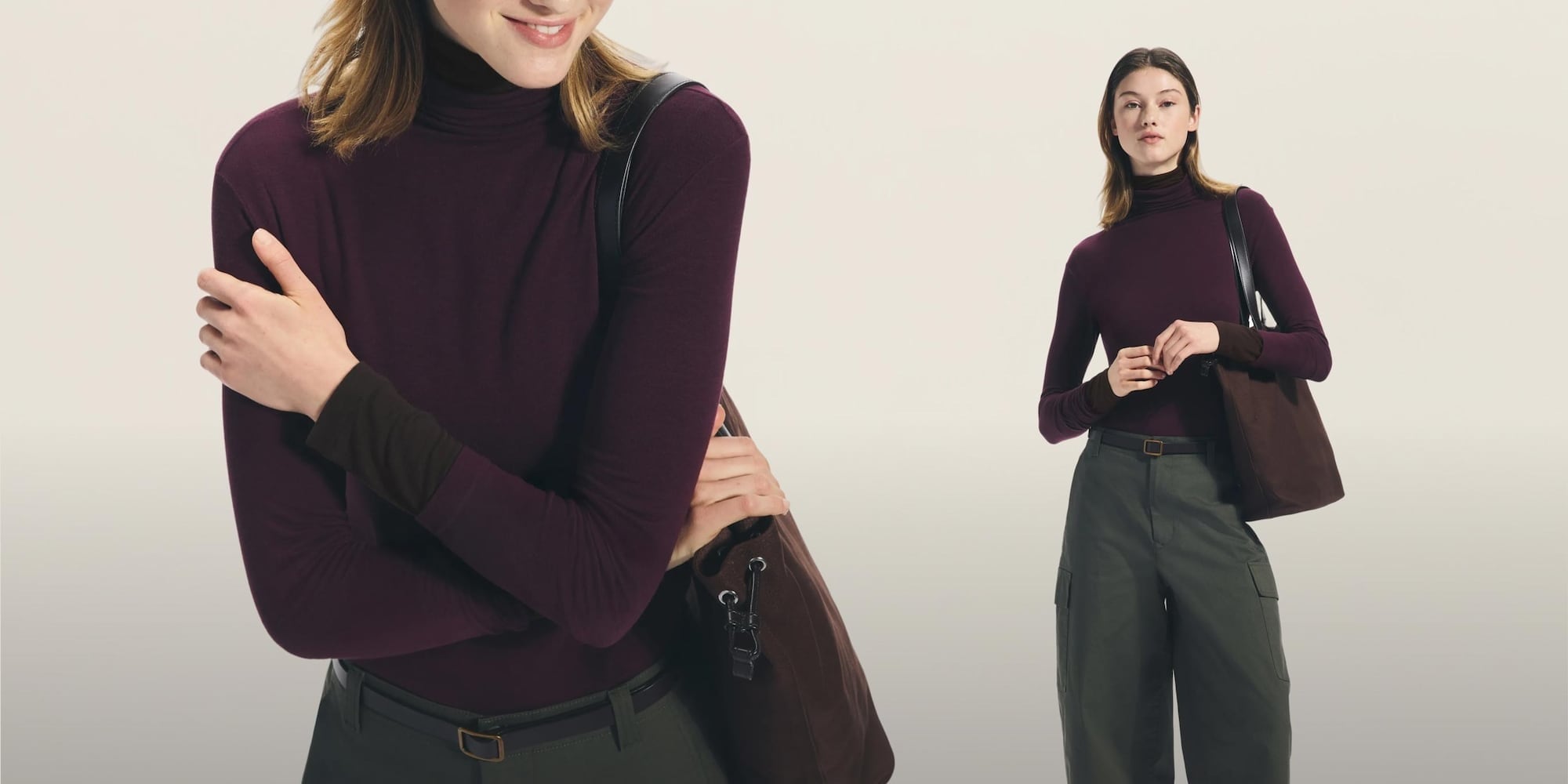 model wearing HEATTECH Extra Warm Cashmere Blend* Turtle Neck in wine with green trousers