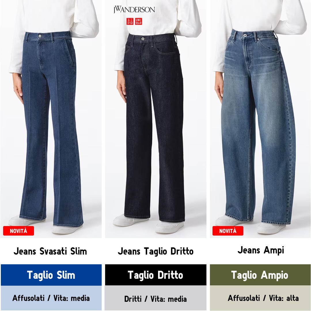 Modelle indossano Jeans Svasati Slim, Jeans Taglio Dritto e Jeans Ampi di UNIQLO per confrontarne le diverse vestibilità