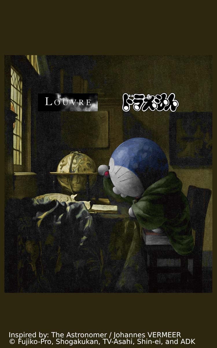 Doraemon portraiture inspired by The Astronomer by Johannes Vermeer.