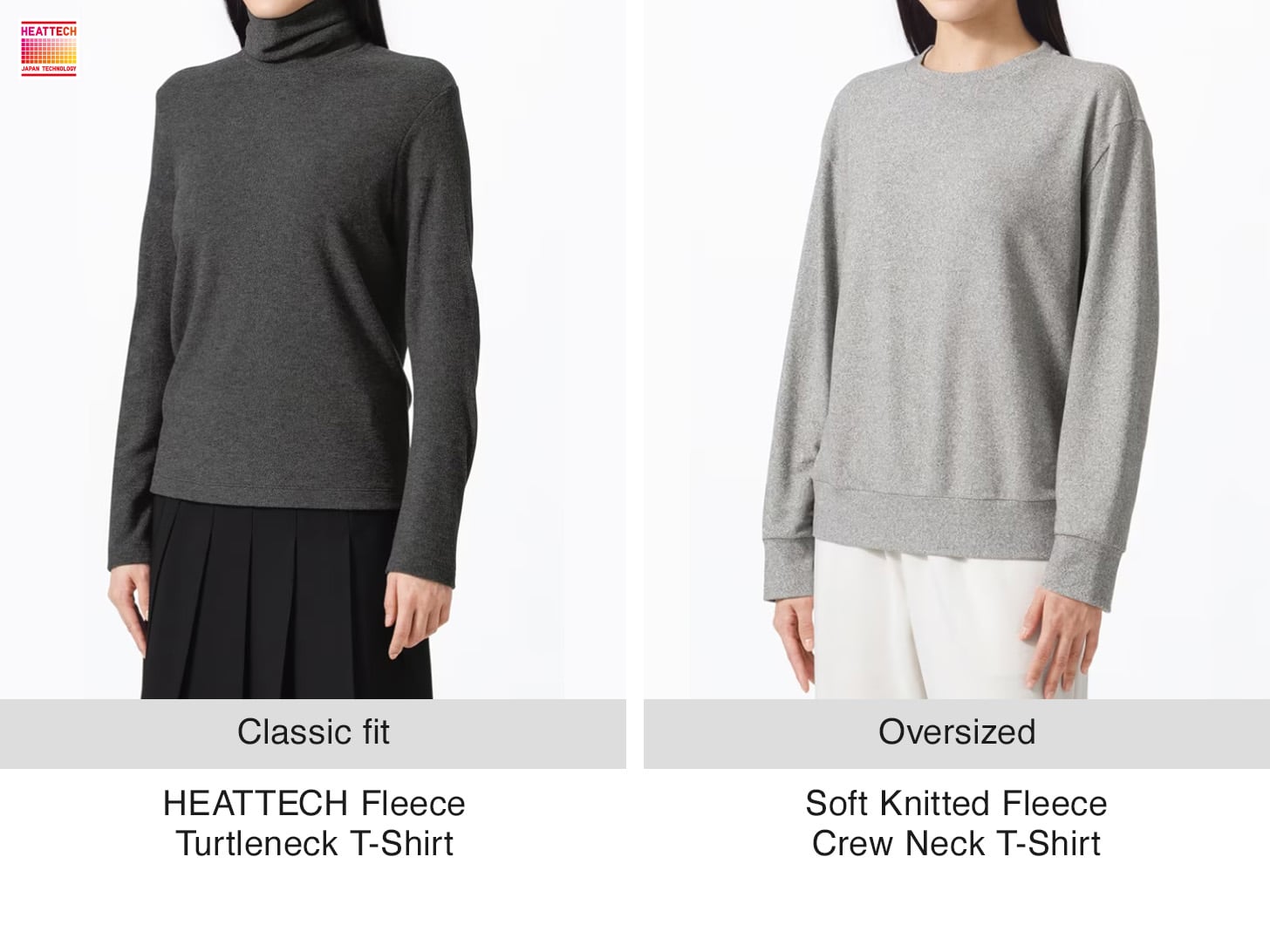 models wearing HEATTECH turtleneck and fleece crew neck long sleeved T-shirts