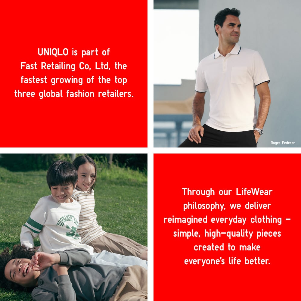 Roger Federer wearing a UNIQLO polo shirt and models wearing UNIQLO clothing