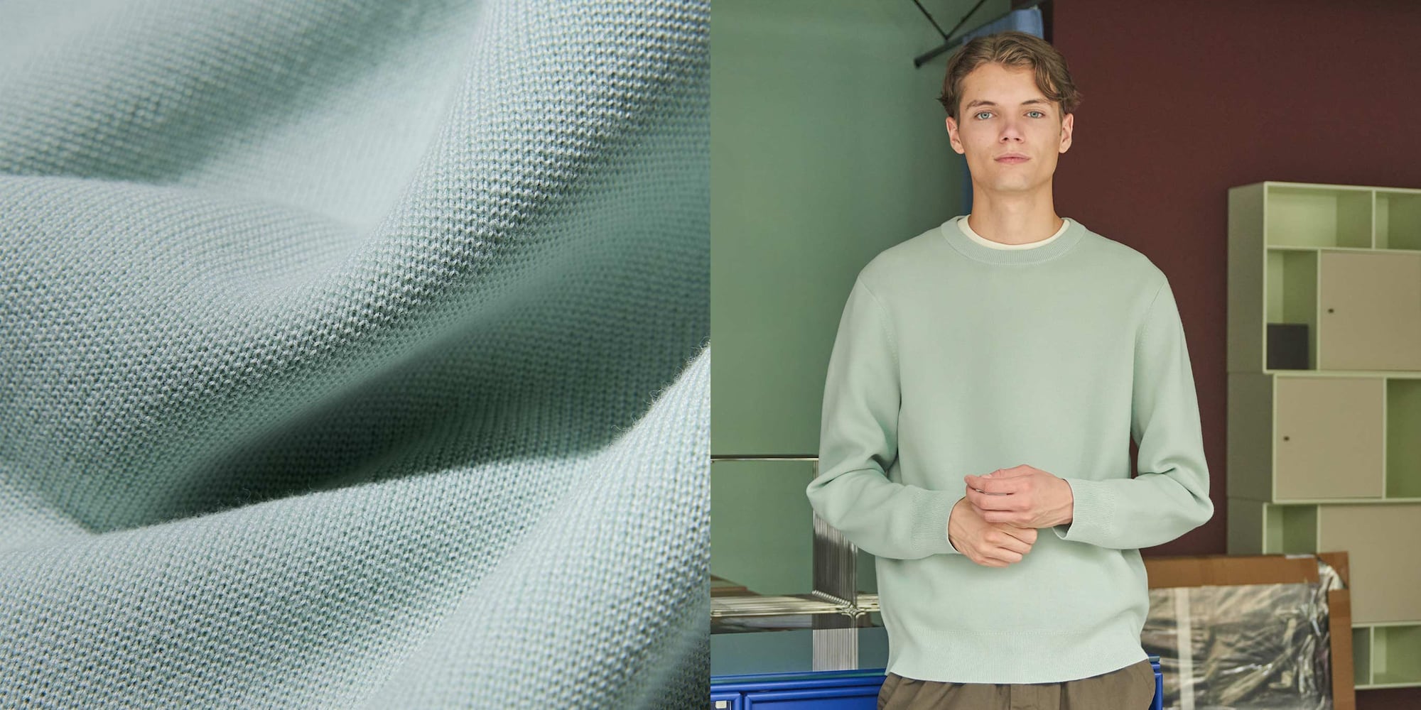 model wearing Washable Milano Ribbed Crew Neck Jumper in light green over a white T-shirt