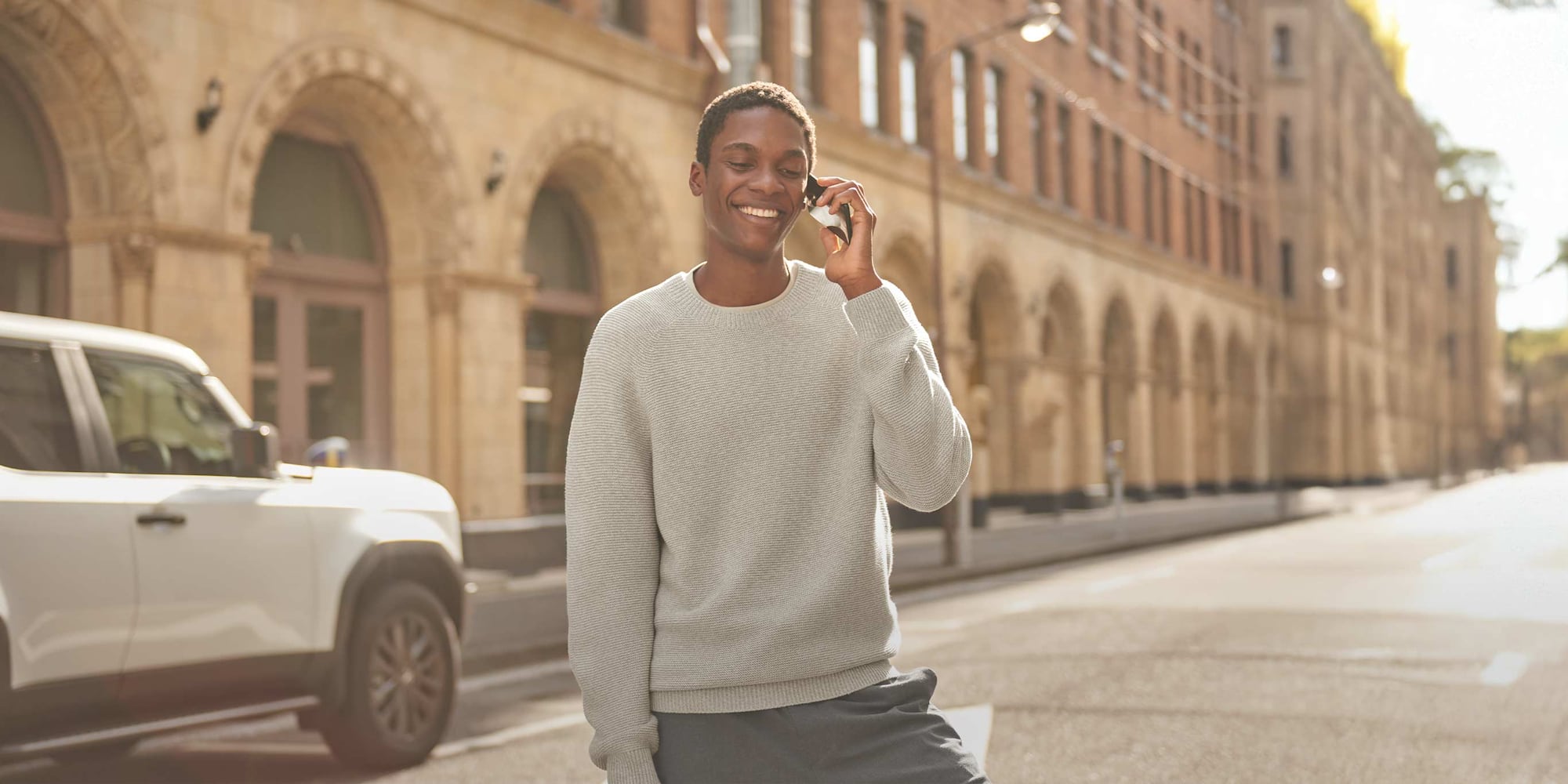 model wearing Washable 3D Knit Seamless Crew Neck Jumper in light grey