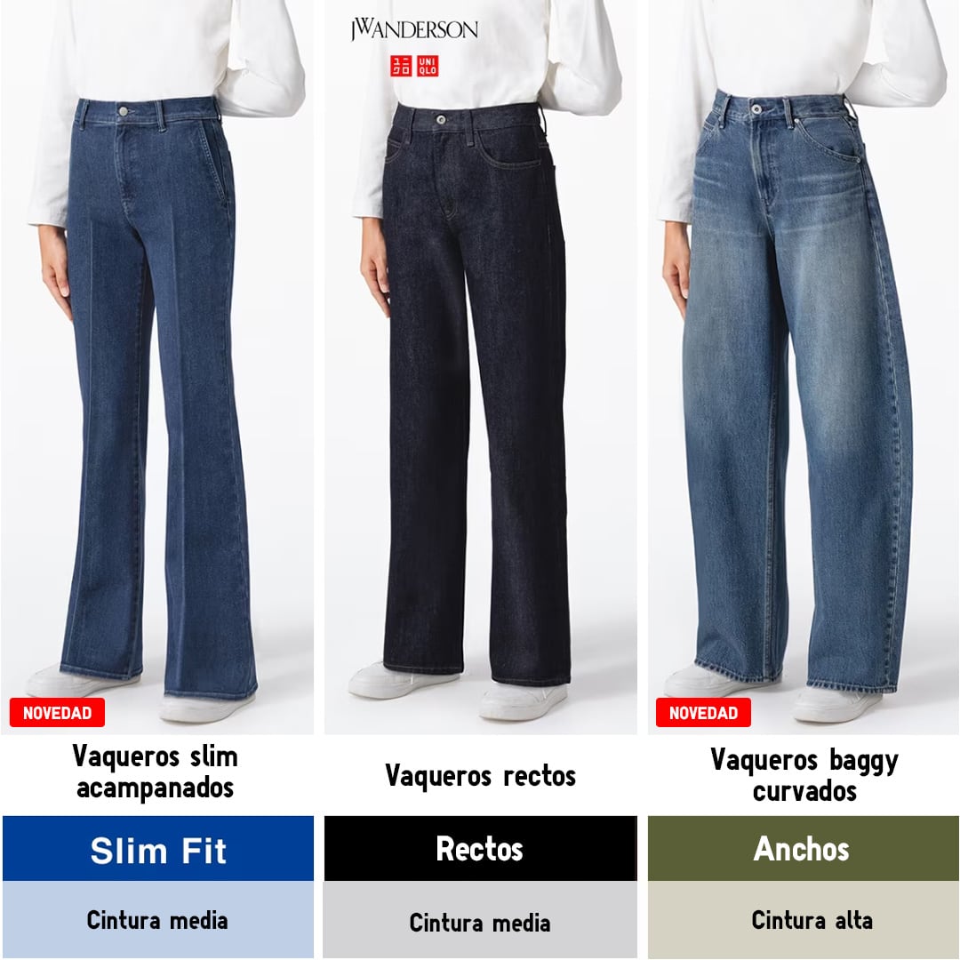 Modelos que llevan vaqueros ultra elásticos, vaqueros acampanados, vaqueros rectos y anchos para comparar los diferentes ajustes.