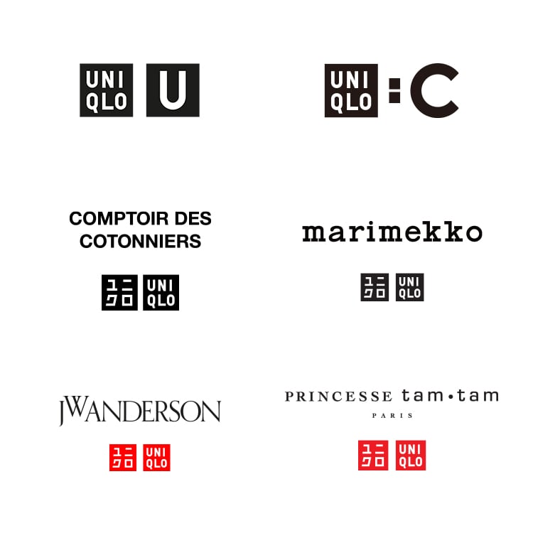 collaboration logos for Uniqlo U, UNIQLO : C, UNIQLO and Comptoir des Cotonniers, UNIQLO and Marimekko, UNIQLO and JW Anderson and UNIQLO and Princesse tam tam