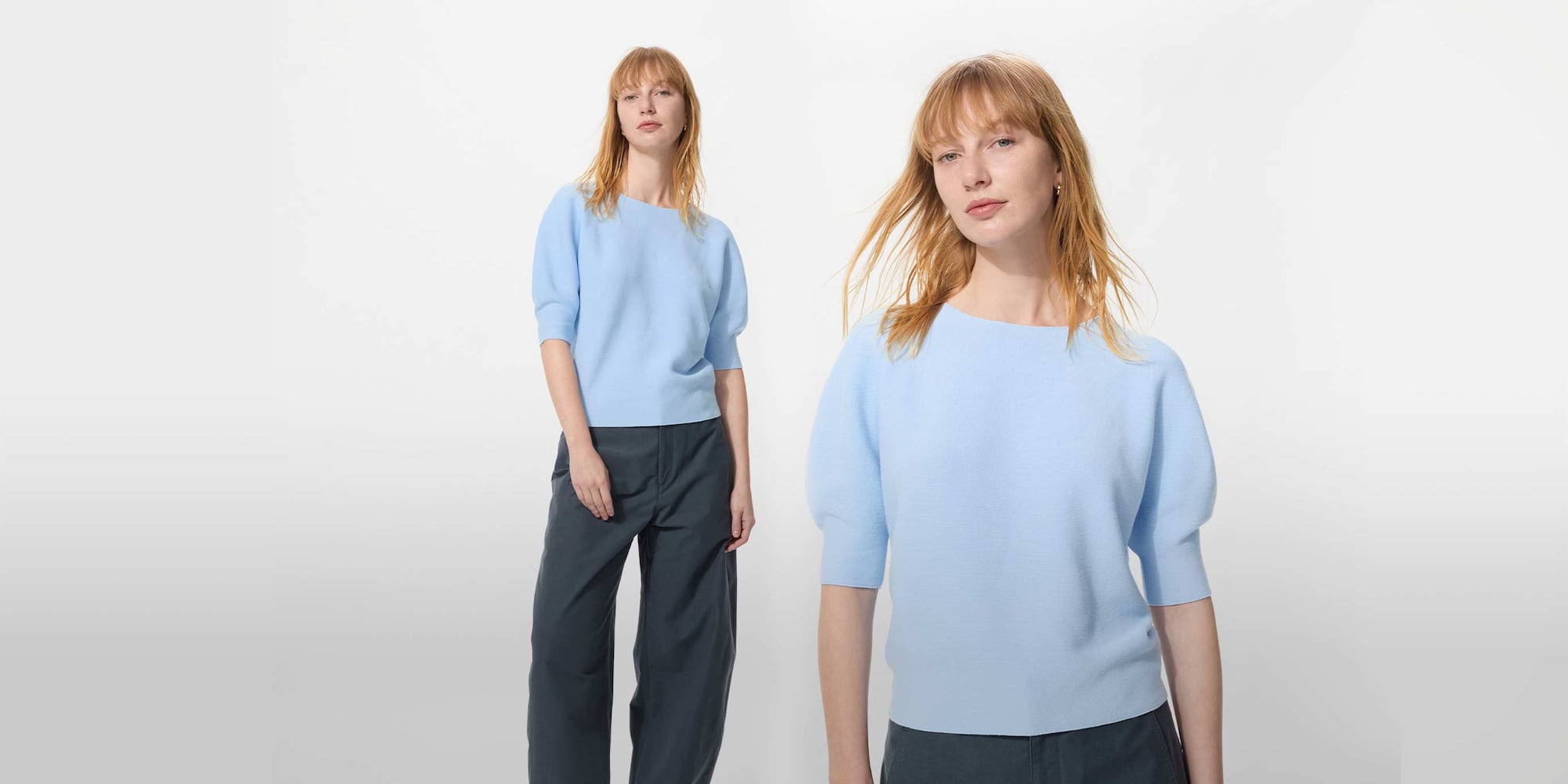 model wears a light blue cotton jumper with short sleeves in front of a white background
