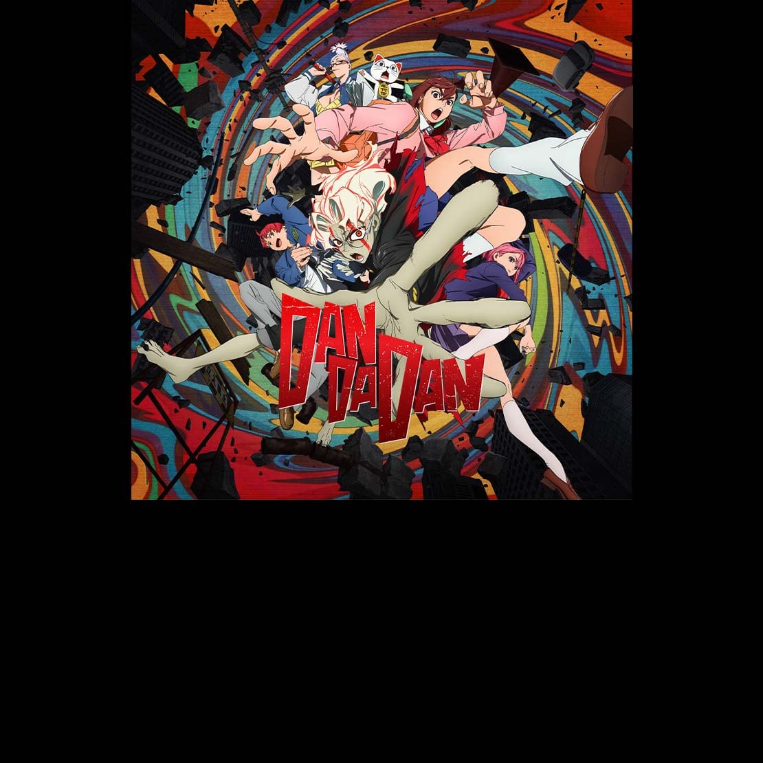 Dan Da Dan main characters Momo, Okarun, Seiko, Jin, and Aira