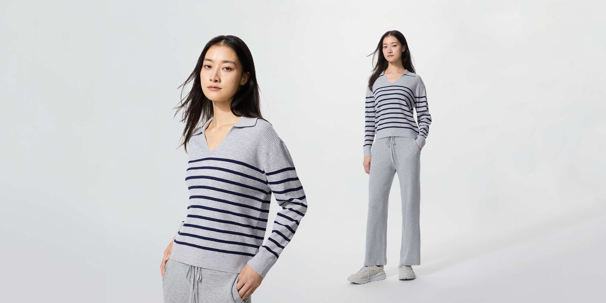 model wearing Washable Knit Ribbed Trousers in grey with the coordinating striped polo jumper